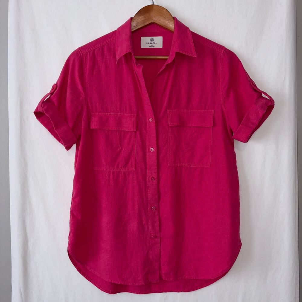 Babaton Aritzia Linen Blend Raspberry Pink Utility Button Down Shirt XS Roll Tab